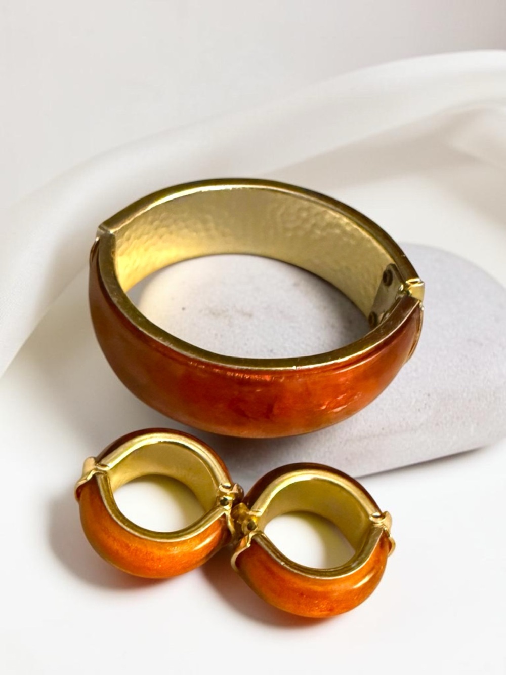 Gold-Tone Orange Enamel Bangle and Hoop Earrings Set